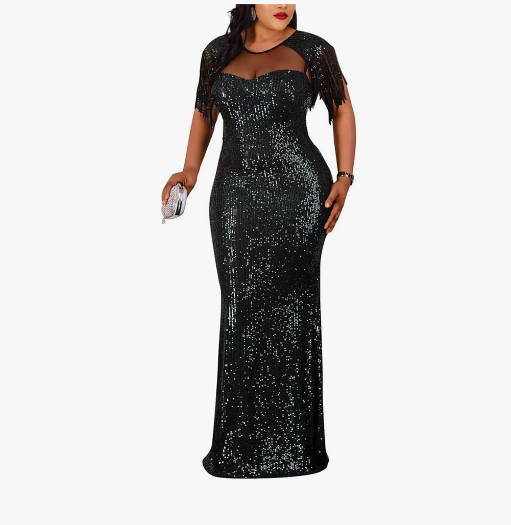 Cololura Sexy Sequin Tassel Mesh Perspective Party Cocktail Bodycon Evening Club Maxi Dress 4XL