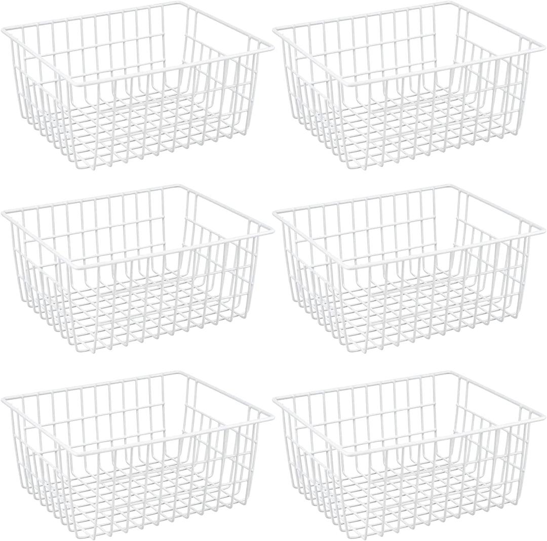 Redrubbit Wire Storage Baskets, Large Farmhouse Metal Freezer Basket Storage Organizer Bins with Handles for Kitchen Cabinets, Pantry, Closets, Bedrooms, Bathrooms, Set of 6, White
