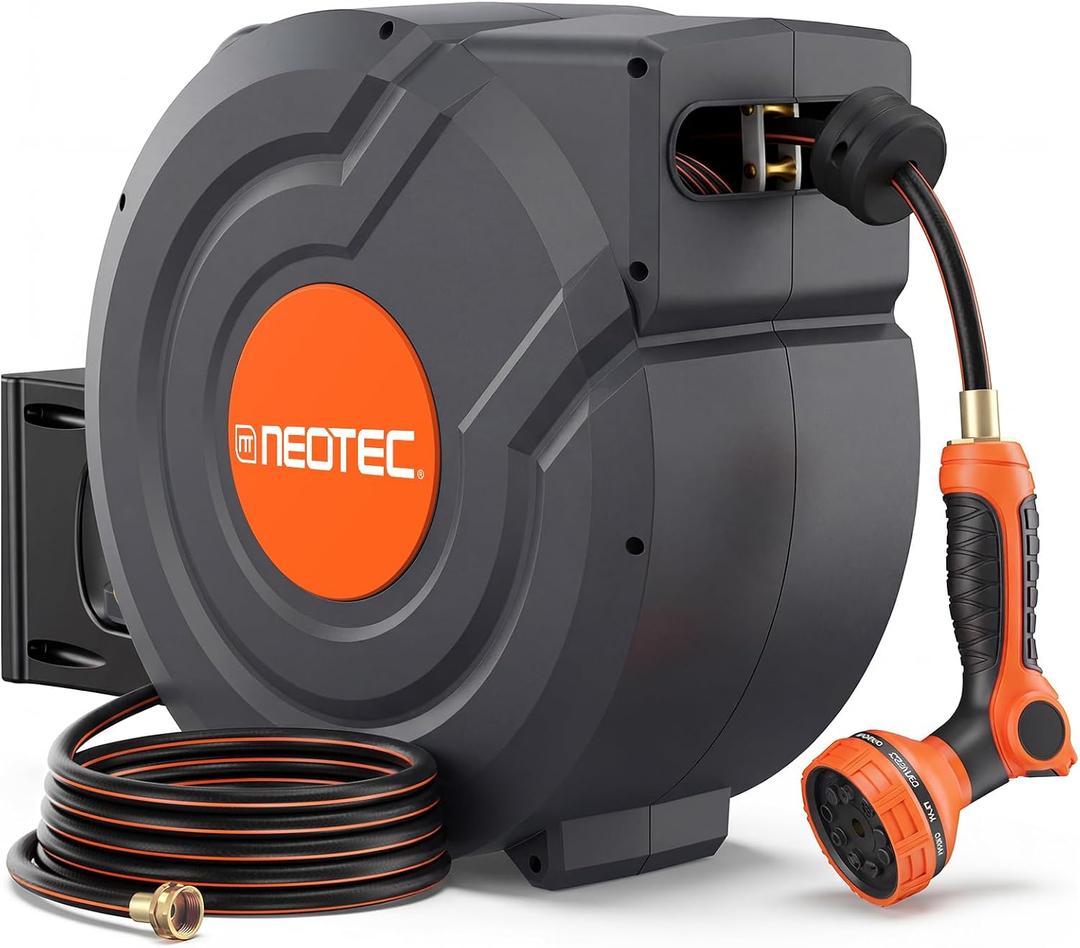 Upgraded Retractable Garden Hose Reel 5/8 inch x 100 ft Wall-Mounted 9 Pattern Nozzle Any Length Lock Automatic Slow Return 180 Swivel UV Resistant Heavy Duty Hose Reels for Outside