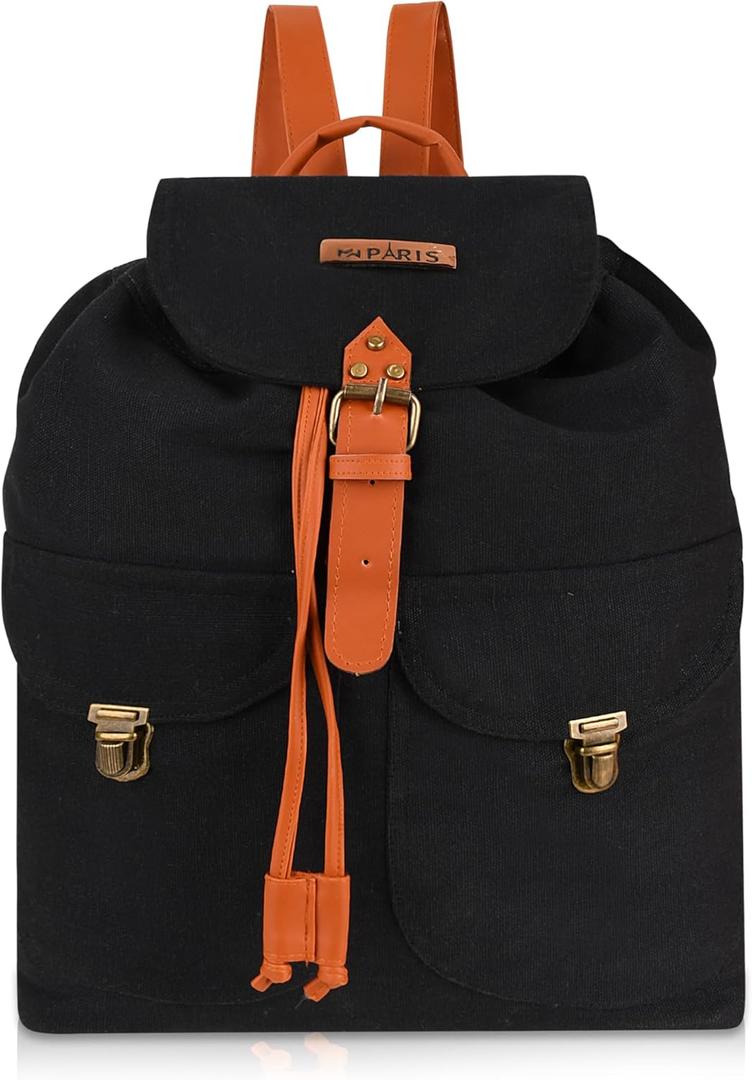 Canvas Backpack for Women & Men  Vintage Rucksack with Faux Leather Straps, Large Front Pockets & Brass Hardware (Black)