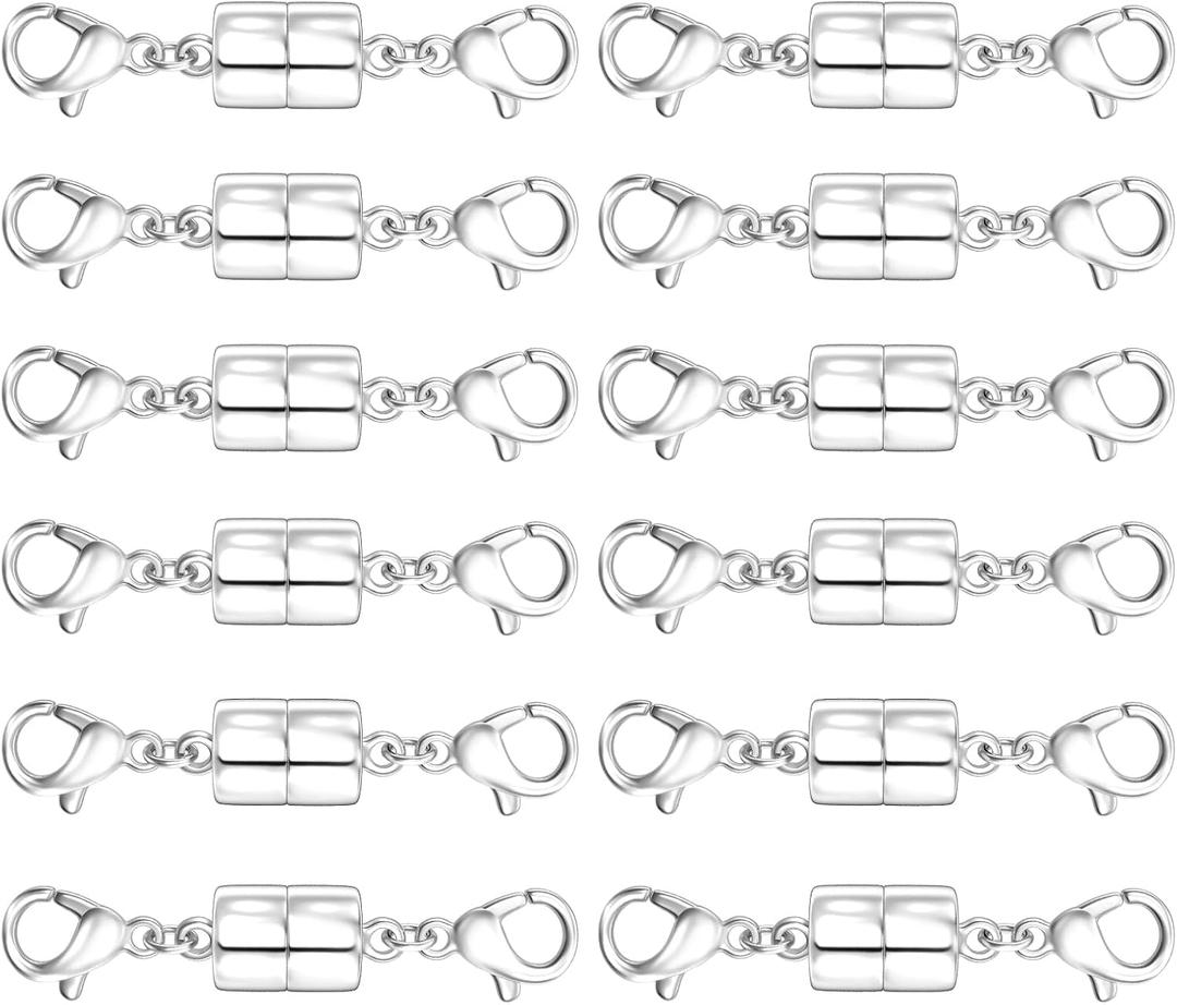 OHINGLT Extra Strong Magnetic Jewelry Clasps for Necklace Extender with Double Lobster Clasp,Magnetic Necklace Clasps and Closures Bracelet Connectors for Women (12Pcs Silver)