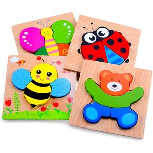 Magifire Wooden Puzzles, Set of 4 Montessori Toys for 1 Year Old, Toy for Toddlers 1-3, Baby Wood Toys with Chunky Pieces with Bag - Butterfly, Bee, Ladybug, Bear (4 Pack - 5.7 x 5.7 inch)