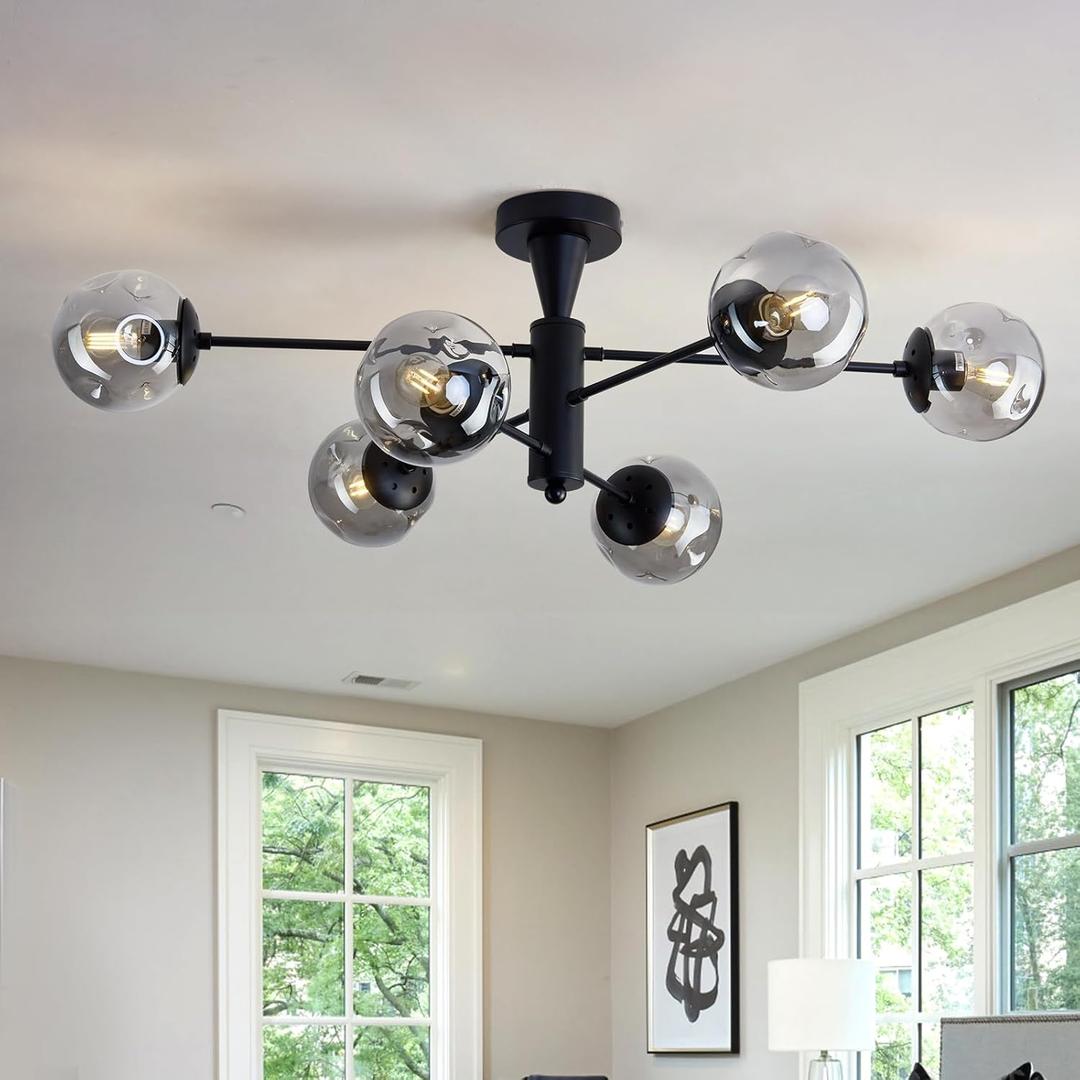 Modern Sputnik Ceiling Lights Black Semi Flush Mount Ceiling Fixture with Glass Globes 6 Light Chandelier for Dining Room Bedroom Living Room Kitchen Farmhouse.