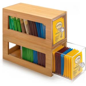 Bamboo and Acrylic Tea Bag Organizer Drawer, Stackable Tea Bag Holder and Organizers, Wooden Storage Containers with Acrylic Drawer, Space Saving for Office Kitchen Countertop Cabinet Pantry(2 Pcs)