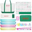 Ceenna American Mahjong Tile Set, 166 Tiles, 4 All-in-one Rack/ Pushers, Complete Western Mahjong Set with Carrying Bag (Green, Cute)