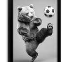 Framed Bear Playing Soccer Wall Art, Funny Animal Football Canvas Print, Solid Wood Frame Sports Poster, Whimsical Wall Decor for Man Cave Boys Bedroom Game Room Bar, 16"L x 24"W