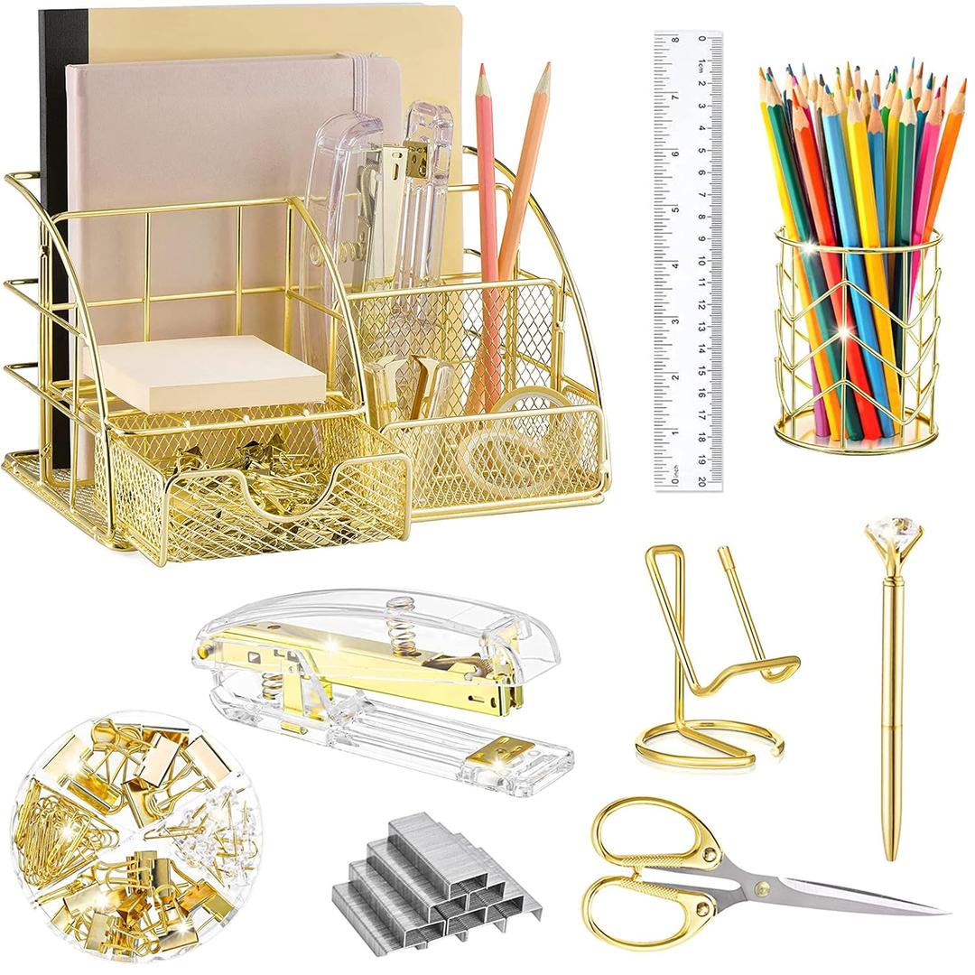 KAAKOW Gold Desk Organizers and Accessories Office Supplies Set Stapler, Pen Holder, Phone Holder, Scissors, Pen, Ruler, 30 Paper Clips, 22 Binder Clip, 20 Tacks and 1000pcs Staples (Gold), Missing Part
