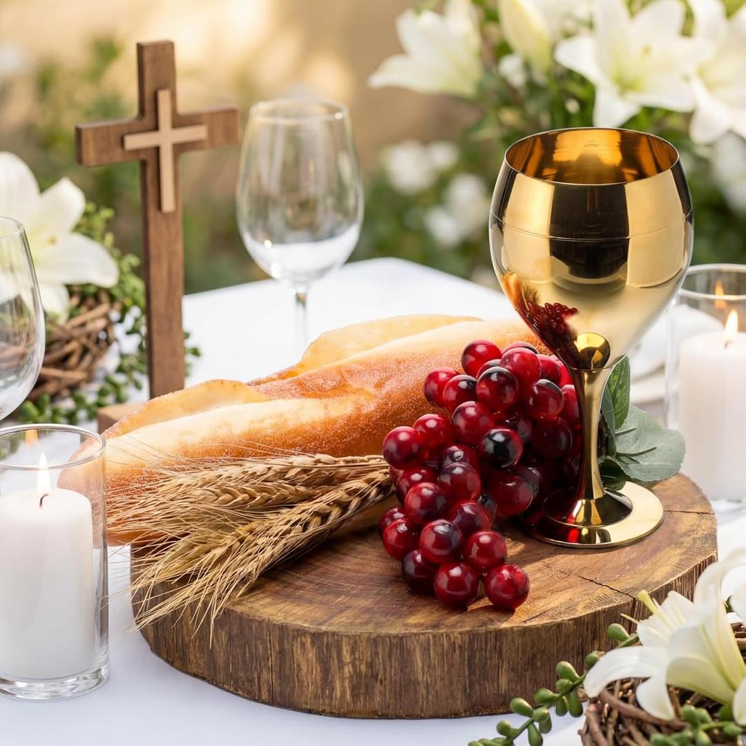 Qinyoung Holy Communion Table Decorations Mesas De Santa Ceia Baptism Sets 1 Gold Chalice 1 Lifelike Grapes, 1 Fake Bread, 30 Wheat Stalks First Communion Eucharist Table Decor DIY Church Supplies
