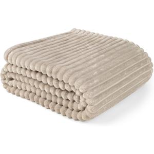PAVILIA Super Soft Fleece Throw Blanket Twin Taupe Tan Camel, Fuzzy Plush Flannel Throw, Warm Cozy Ribbed Microfiber Blanket for Sofa Couch Bed, Lightweight Striped Blanket, Taupe, 60x80