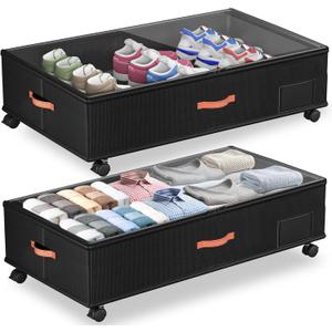 Under Bed Storage with Wheels, 2-Pack Under Bed Storage Containers with Clear Lids, XXL Large Under the Bed Storage Organizer Bins With Handles, Space Saving Design for Clothes, Shoes, Books-Black