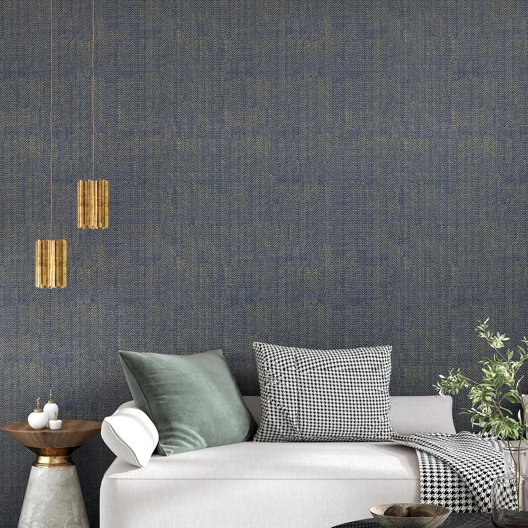 30"X200" Grasscloth Textured Peel and Stick Wallpaper Gold Blue Geometric Grasscloth Peel and Stick Wallpaper for Bedroom Self Adhesive Decorative Contact Paper for Cabinets and Drawers Walls