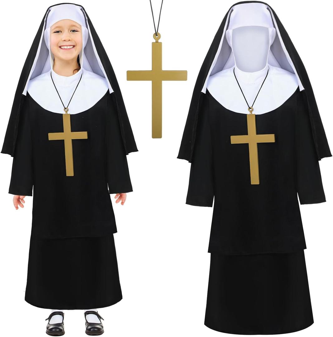 Mepase 3 Pcs Girls Nun Costume Set with Cross Necklace Halloween Nun Costume for Kids Horror Catholic Sister Robe Costumes