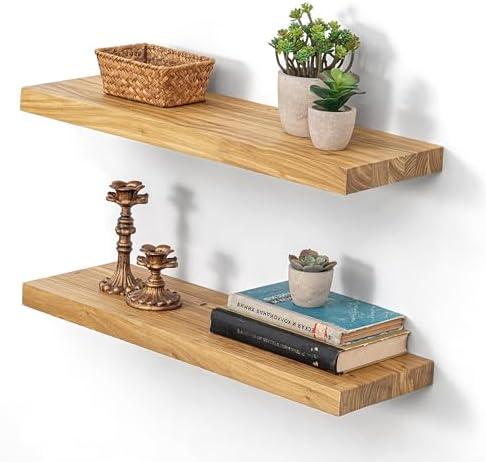 Dreamland 24 Inch Floating Shelves, Rustic Elm Wood Wall Shelf for Home Decor, 8 Inch Deep Floating Shelf for Wall, 24 x 8 Bathroom Shelves Set of 2, Natural Color
