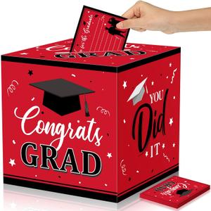 Nezyo Graduation Card Box with 30 Pcs Advice Cards Congrats Grad Gift Card Box Class of 2025 Card Holder Box Graduation Party Card Box Holder for School College Graduation Party(Red,Grad)