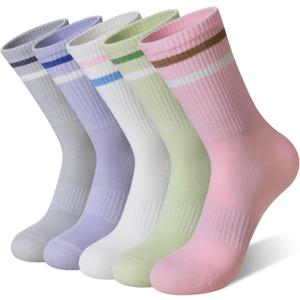 SeeyAN Womens Crew Socks Athletic Casual Cotton Long Socks Stripe Sport High Socks 5 Pairs, 6-9