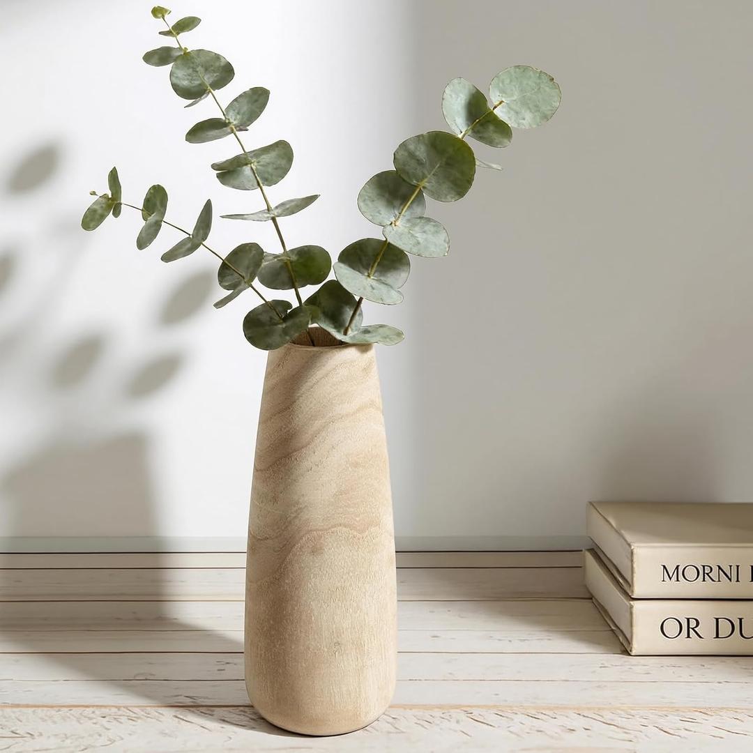 Natural Wood Vase for Dried Flowers - 9 Inch Decorative Wooden Vase, Warm Neutral Farmhouse Boho Decor for Living Room Bedroom Table Shelf