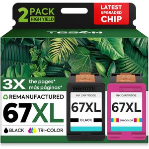 67XL Black/Color Remanufactured Ink Cartridge Replacement for HP Ink 67 67XL Printer Ink use for DeskJet 2700 2700e 2755e 2855e 2800 4155e 4255e 4100 Envy 6400 6055 6055e 6455e Printer 2-Pack