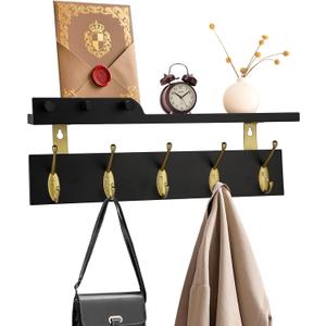 Wall Mounted Coat Rack with Shelf, 5 Gold Double Hooks, 3 Pegs, 16.5 inches Black Wood Floating Shelf for Entryway, Bathroom, Bedroom