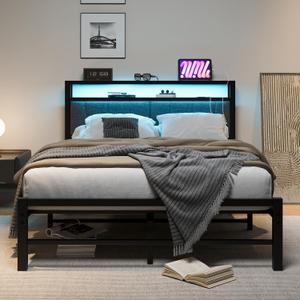 BOFENG Queen Bed Frame with Upholstered Storage Headboard and Charging Station,LED Lights,Heavy Duty Metal Platform Bed Frame Queen Size No Box Spring Needed,Strong Metal Slats,Noise Free,Grey (Black)