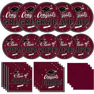 Gatherfun Graduation decorations 2026 Graduation Party Supplies Maroon Disposable Paper Plates Luncheon Napkins Cocktail Napkins for Congrats Grad Party Decorations, Serve 50