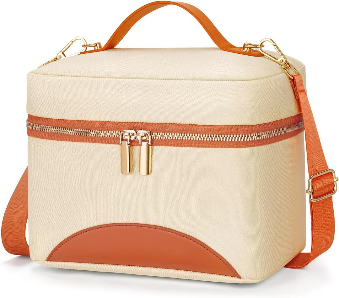 WOOMADA Insulated Lunch Bag For Women - Leakproof Adult Lunch Box With Adjustable Strap, Ideal For Office, Picnic, Hiking, Beach - Stylish Cooler Tote Bag (Large, beige-orange)