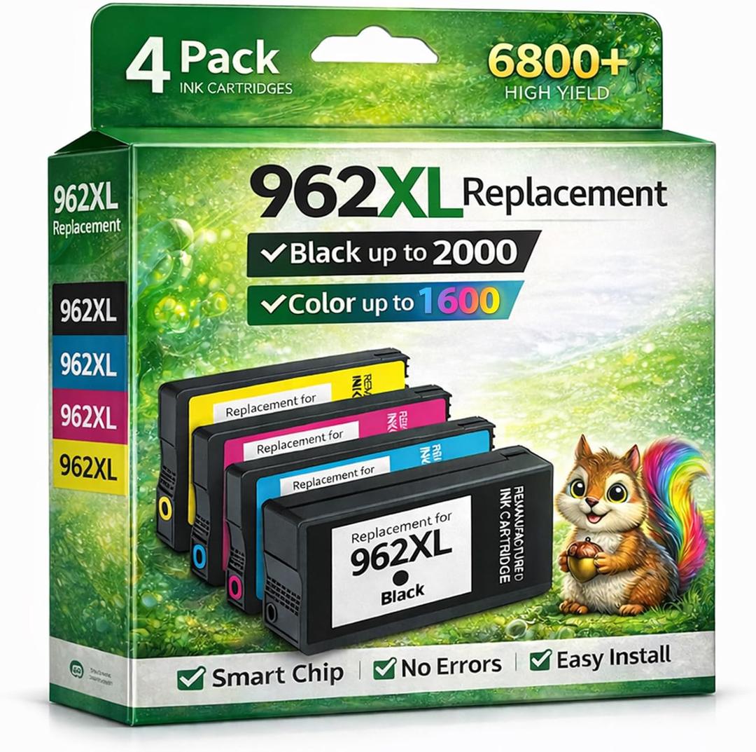 962XL Ink Cartridges Combo Pack Replacement for HP 962XL 962 Black and Color Ink Cartridges Work for hp officejet pro 9010 9015 9018 9020 9025 9026 9019 9012 9013 9014 9016 9022 9023 Printer (4 Pack)