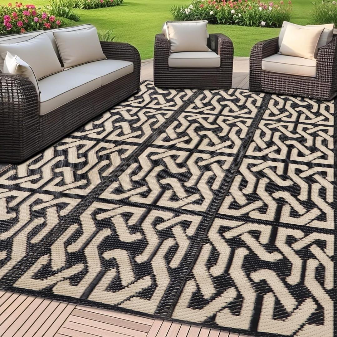 SAND MINE Reversible Mats, Plastic Straw Rug, Modern Area Rug, Large Floor Mat and Rug for Outdoors, RV, Patio, Backyard, Deck, Picnic, Beach, Trailer, Camping (4' x 6', Black & Beige)