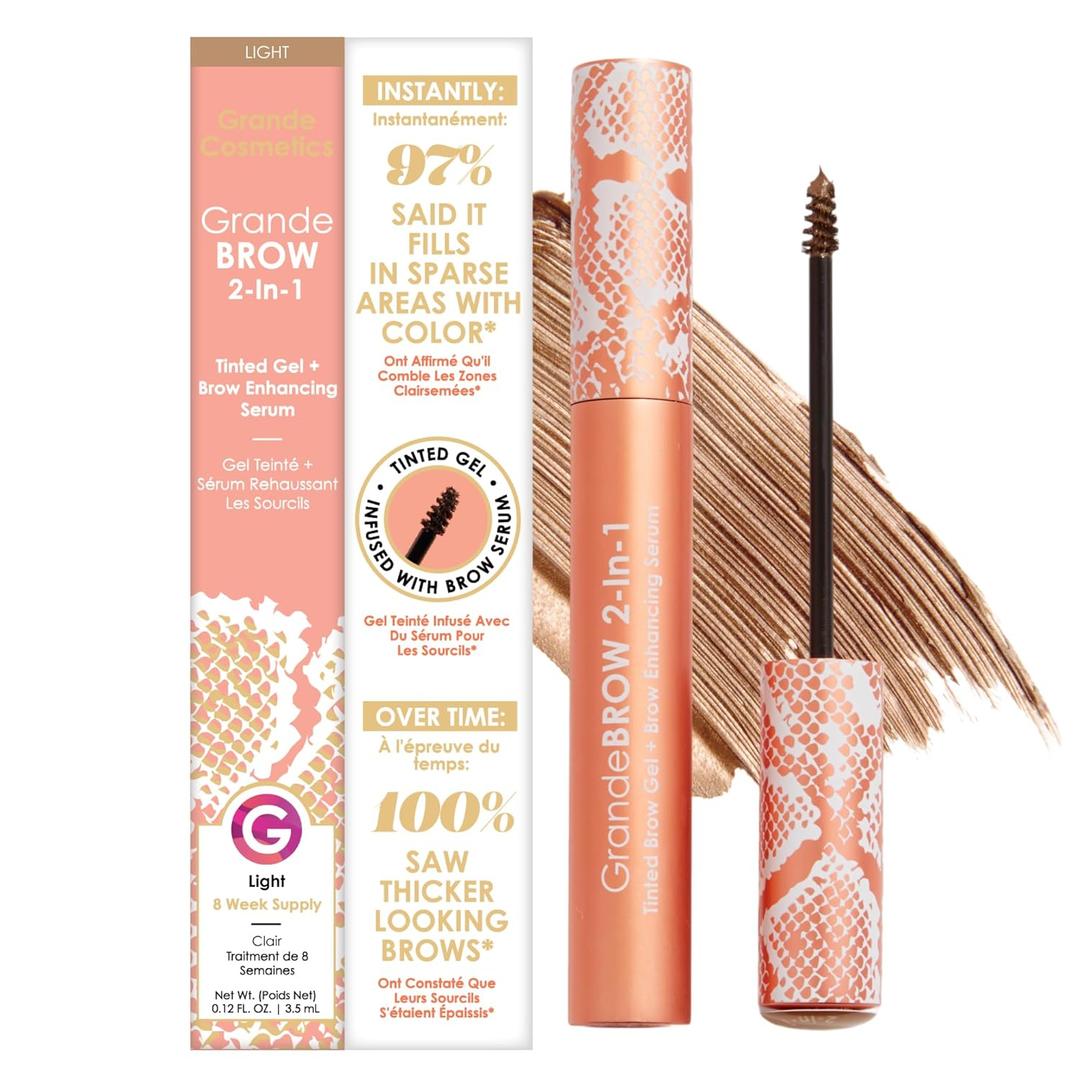 Grande Cosmetics GrandeBROW 2-in-1 Tinted Brow Gel + Brow Enhancing Serum for Thicker & Darker-Looking Eyebrows, Shape & Fill Brows, Long Wear, with Castor Oil & Mini Fibers (0.12 Fl Oz (Pack of 1), Light)