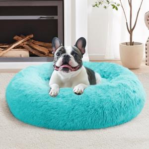 JOLLYVOGUE Calming Dog & Cat Bed for Indoor Cats - 20 inches Washable Donut Bed for Kittens & Puppies, Anti-Anxiety Round Fluffy Plush Pet Beds (Fits up to 15 lbs, Aqua Blue)