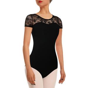 Women Ballet Lace Short Sleeve Dance Leotard Tank, Hollow Back Dancewear (Medium)