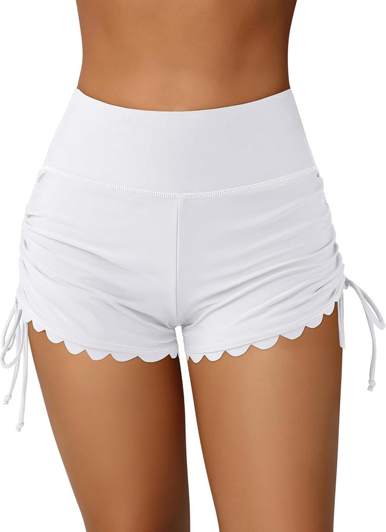 ATTRACO Women Swim Shorts High Waisted Swimsuit Shorts Swim Bottom Board Shorts (Medium, White)