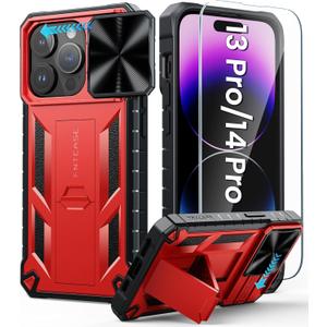 FNTCASE for iPhone 14-Pro Phone Case: Military Grade Drop Proof 13 Pro & 14 Pro Cases Mobile Cover with Kickstand & Slide | Rugged Shockproof Protective Cell Phonecase for Apple 14pro/13pro 6.1'' Red