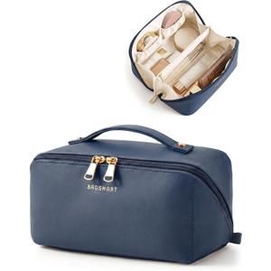 BAGSMART Makeup Bag Travel Cosmetic Bag,Women Toiletry Case, Deep Navy | Make Up Bag Flat Open Toiletry Bag for Women, PU Leather Travel Essentials Wide-open Skincare,Brushes Organizer Case Large (EXP 08/26/32)