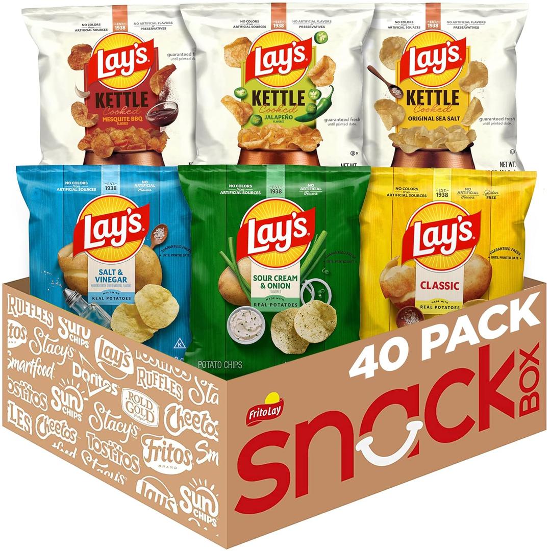 Lay's Potato Chips, Regular & Kettle Cooked Variety Pack, Single Serve Bags, (40 Pack) (Packaging and Formula May Vary) (EXP 07/28/26)