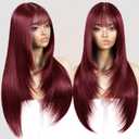 Long Burgundy Wig with Bangs for Women Synthetic Heat-Resistant Hair Layered Style Hair for Daily and Party Use (26 Inch)