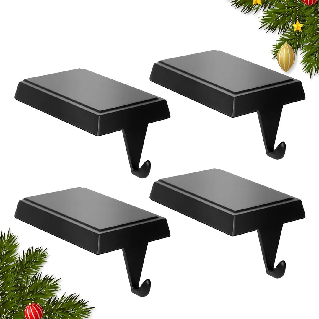 Christmas Stocking Holders for Mantle Set of 4, Heavy Weighted Metal Stocking Holders Hangers Low Profile Stocking Hooks Bases for Fireplace Table Xmas Holiday Party Decoration, Black