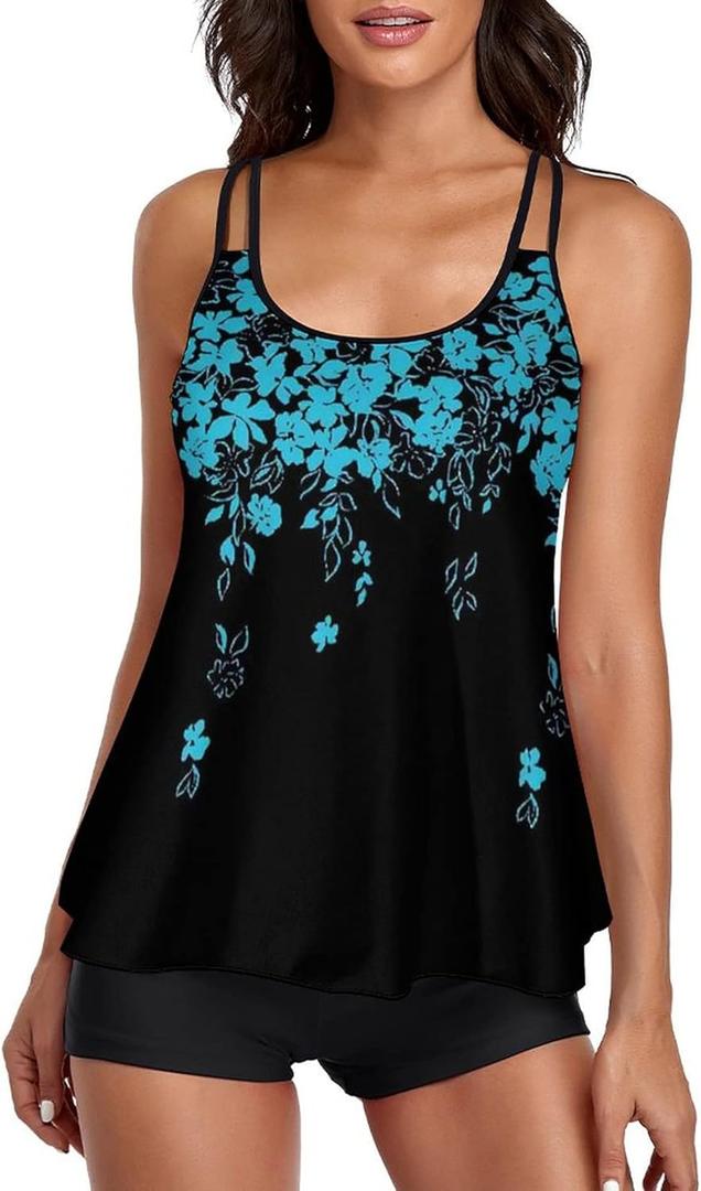 Urchics 2026 Women Two Piece Tankini Swimsuit Tummy Control Plus Size Long Torso Top and High Waisted Boyshorts Bathing Suits (Black, L)