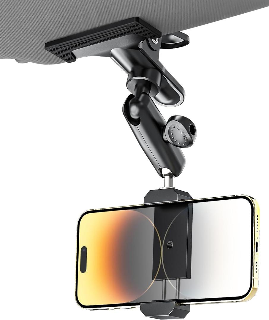 Sun Visor Car Phone Mount, Upgraded Durable All Metal - Cell Phone Holder for Car Visor, 360 Adjustable Steering Wheel Clip for iPhone 16 15 14 13 Pro Max, Glalaxy S A Serie, Z Flip,4-7" Phone