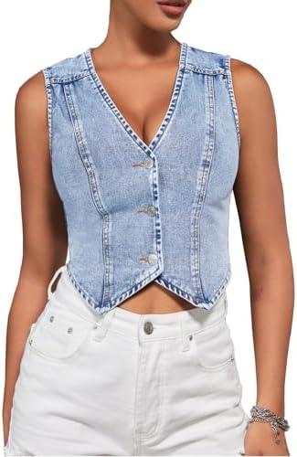 SHENHE Women's Denim Vest Button Down Sleeveless Jean Vest Top Y2K Cropped Denim Top Cowgirl Western Outfits L