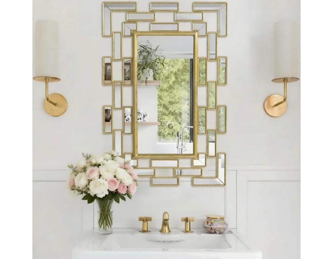 Gold Wall Mirrors Decorative, 24x16 Inch Bathroom Mirror Grecian Venetian Design Rectangle Entryway Mirrors for Bathroom, Living Room, Entrance, Bedroom