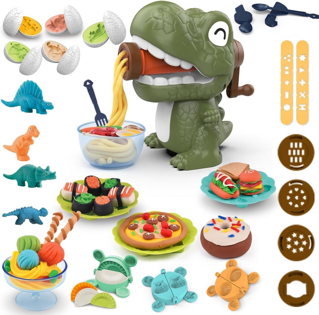 Dinosaur PlayDough Sets for Kids 3-6, Dino Noodle Maker Toy, Toddler Play Clay Kit with Dinosaur Modle Eggs, Arts and Crafts Tools Gift for 3 4 5 6 7 8 Year Old Girls Boys