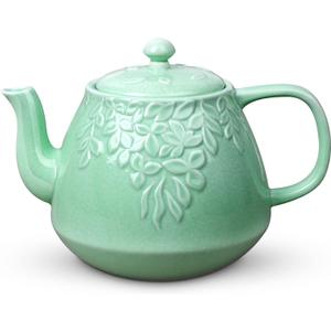 Toptier Leaf Teapot, Porcelain Tea Pot with Infuser and Lid, Blooming & Loose Leaf Ceramic Teapot, 37 Ounce, Light Green (37 oz / 1100 ml)