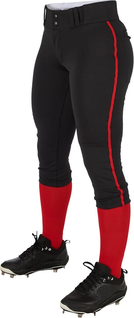 CHAMPRO Girls' Tournament Low-Rise Youth Softball Pants with Braid (X-Large, Black, Scarlet Pipe)