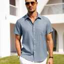 Alimens & Gentle Mens Linen Shirts Short Sleeve Button Down Shirts Wrinkle Free Casual Vacation Beach Summer Tops (Blue, L)