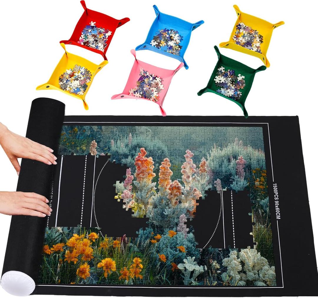 Pohxev Jigsaw Puzzle Mat Roll Up, Felt Saver Pad 43 x 26 Smooth Top Portable Keeper Up to 1500 Pieces with 6 Puzzle Sorting Trays & Travel-Friendly Storage Bag (Black)