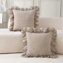 Aryeleay 2 Pack Taupe White Plaid Ruffle Throw Pillow Covers, 100% Cotton Gingham Checkered Farmhouse Decorative Pillow Shams for Bed/Sofa-18 x18