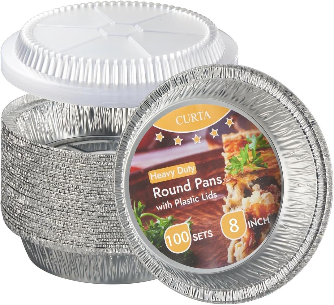 CURTA 8" Round Aluminum Foil Pans with Clear Lids | Heavy Duty | Great for Broiling, Baking, Storage, Roasting, Takeout, Air Fryer | 100 Pack