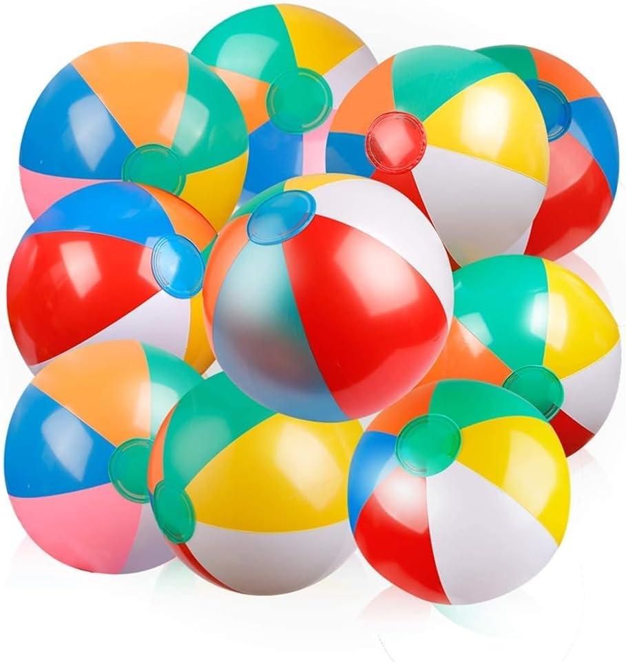 Coogam Inflatable Beach Ball Classic Rainbow Color Birthday Pool Party Favors Summer Water Toy Fun Play Beachball Game for Kid Boys Girls 8 to 12 Inches from Inflated to Deflated (10 PCS)