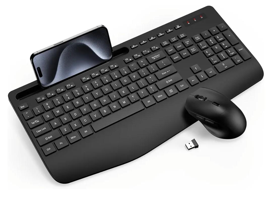 Wireless Keyboard and Mouse Combo - Full-Sized Ergonomic Keyboard with Wrist Rest, Phone Holder, Sleep Mode, 2.4G Quiet Keyboard for PC Laptop, Complete Work Setup for Office or Home -Trueque KM23
