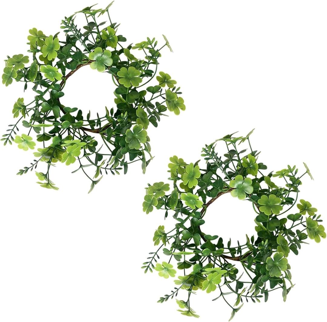 2PCS Artificial Shamrock Christmas Candle Rings Wreaths 4 Inch Center for Pillars Green St Patricks Day Table Decorations Clover Candle Ring Holder Mini Wreath for Wedding Home Party Supplies